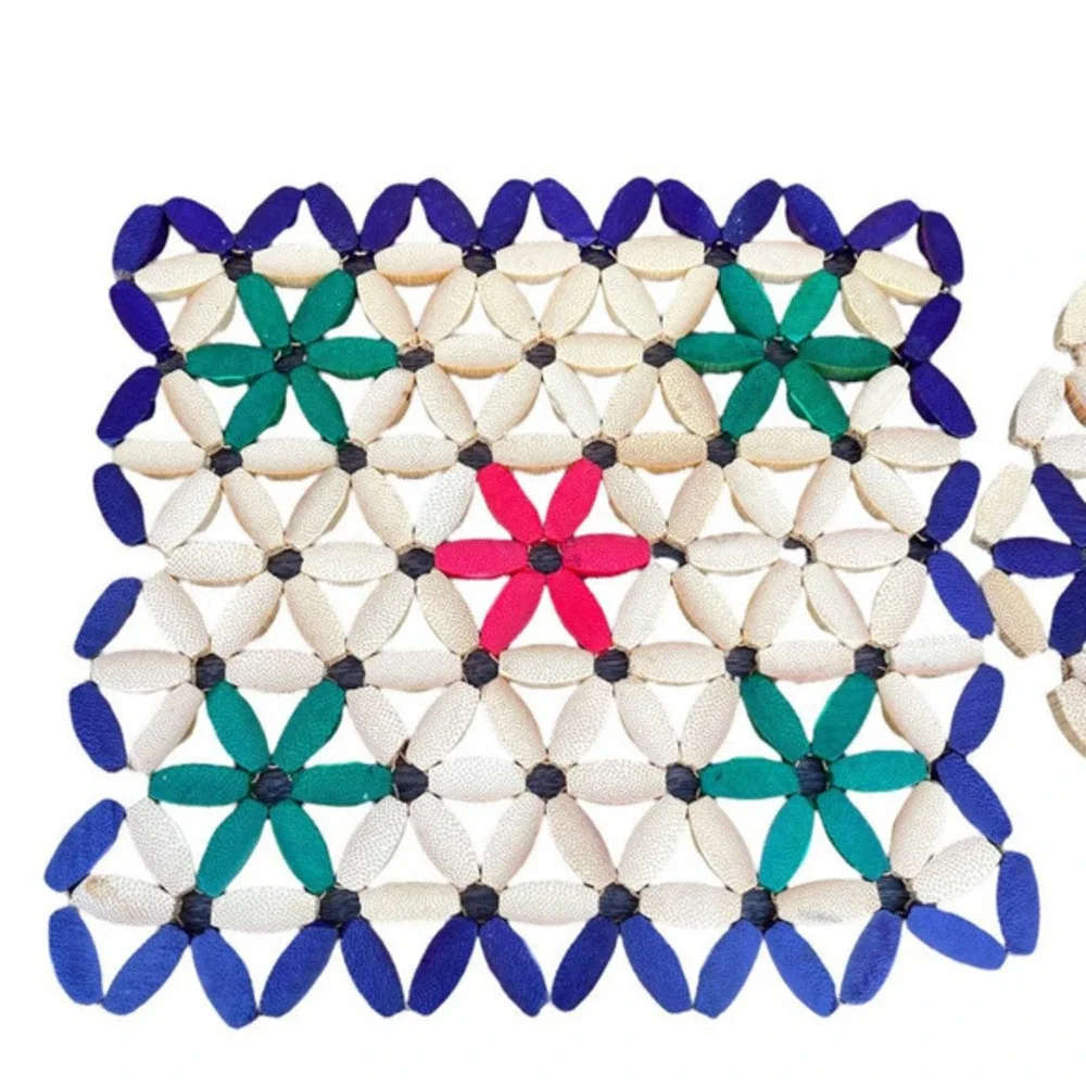 Colourful Vintage Threaded Bamboo Bead Trivets Set Of‎ 4 Hot Pot Stands